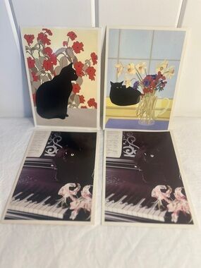 4 vintage PORTAL Black Cat floral Cards 1980s Meg Dawson art Douglas Benezra LOT